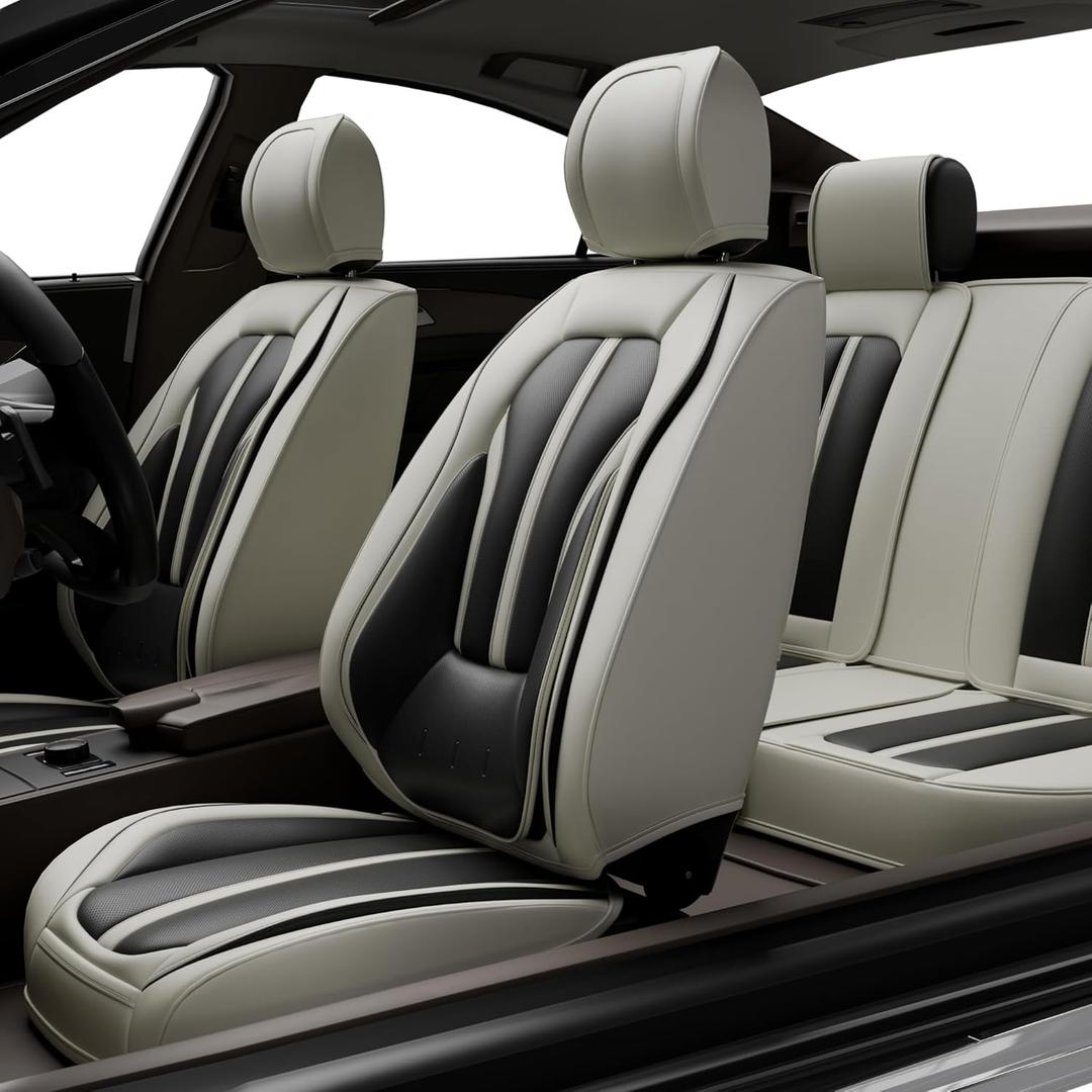 5PCS H7 Front and Back Car Seat Covers Auto Interior Accessories with Water Proof Nappa Leather for Cars SUV Pick-up Truck Universal Comfortable and Breathable (Full Set, Black&Grey)