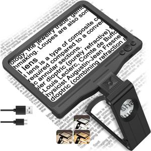 30X 6X Rechargeable Magnifying Glass for Reading, Large Full Page Magnifier with Folding Stand, 3 Color Light Modes, Dimmable LED Lighted, Hands Free Book Magnifier for Fine Prints Low Vision Seniors