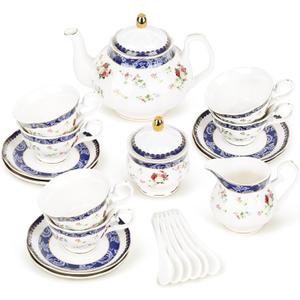 Fanquare Bone China Tea Sets for Adults, 21-Piece Blue Lace and Roses Porcelain Tea Service with Sugar Bowl & Creamer, English Cremic Floral Teacups Set of 6 for Women Tea Party
