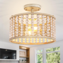 Wood Beaded Chandelier - Farmhouse Boho Light Fixture, Rustic Semi Flush Mount Ceiling Light, Oak 2 Lights Nursery Light Fixture for Hallway Foyer Bedroom Kitchen Island Living Room