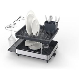 Joseph Joseph Dish Drying Rack with Wine Glass Holder - Space-Saving 2-Tier Design with Fast Draining System, Stainless Steel