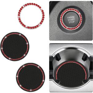 2PCS Bling Car Cup Holder Coaster with 1PC Start Stop Button Cover, Universal 2.72" Anti-Slip Silicone Auto Coaster Pad Decoration, Shiny Rhinestone Car Ornament Accessories (Red)