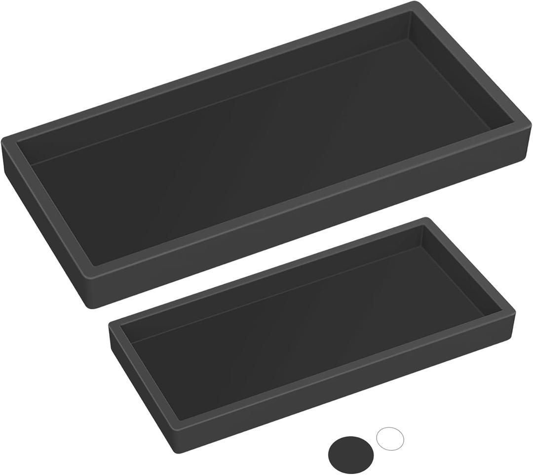 Silicone Countertop Tray  Small + Large Bathroom Vanity Organizer for Soap Dispenser, Lotion Bottles, Perfume, Candles, Keys  Shatterproof Sink Tray (Set - Small (7.8") + Large (11.8"), Black)