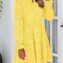 PRETTYGARDEN Women's Spring 2025 Long Puff Sleeve Mini Dress Hollow Out Lace V Neck A Line Ruffle Casual Party Dresses (Yellow, S)