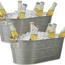Ice Bucket Galvanized Tub, 2 Pcs 3 Gallon Oval Beverage Tub, Drink Buckets for Parties, Metal Bucket with Rattan Handle for Beer Whiskey and Cocktails (Galvanized) (S: 15.86 x 9.2 x 6 inch)