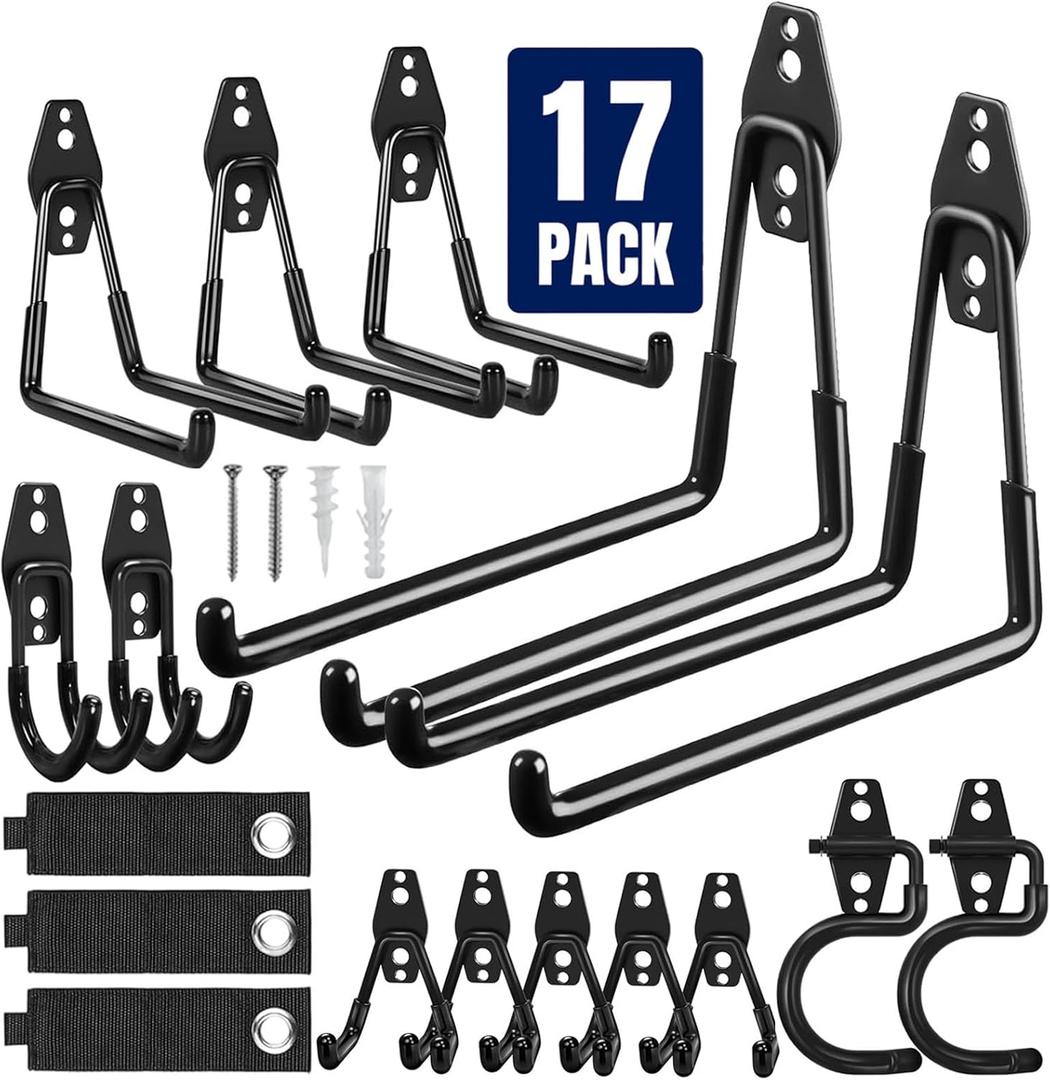 Garage Hooks Heavy Duty, 17 Pack Garage Storage Hooks with Coating Anti-Slip, Wall Mount Utility Large Garage Hooks for Hanging Garden Tools, Ladder,Broom,Hose