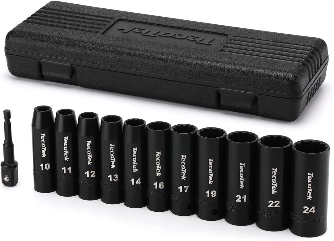 TecoTek 12 Pieces 1/2-Inch Drive Deep 12-Point Metric Impact Socket Set, Cr-V, 10mm to 24mm, Drill Socket Adapter 1/2"
