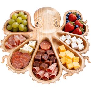 Oak Wood Large Octopus Charcuterie Board, Food Tray for Meats, Fruits, Snacks, Candy, Reusable Kitchen Party Hosting Serving Tray Cheese Bread Board, Ideal Gift for Seafood Lovers