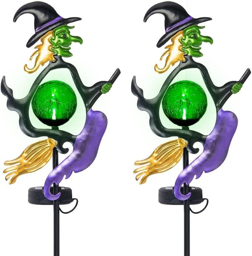 Viveta Solar Halloween Lights, Witch Halloween Decorations Solar Stake Lights with Crackle Glass Ball for Outdoor Pathway Garden Yard Patio, 2 Pack