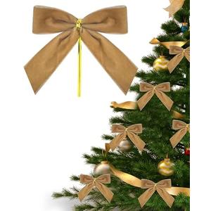 SEASLIMIT 24PCS Velvet Christmas Bows,3.35X3.35 Inch Christmas Tree Bows for Tree Garland Wreath Indoor Xmas Decorations (Khaki)