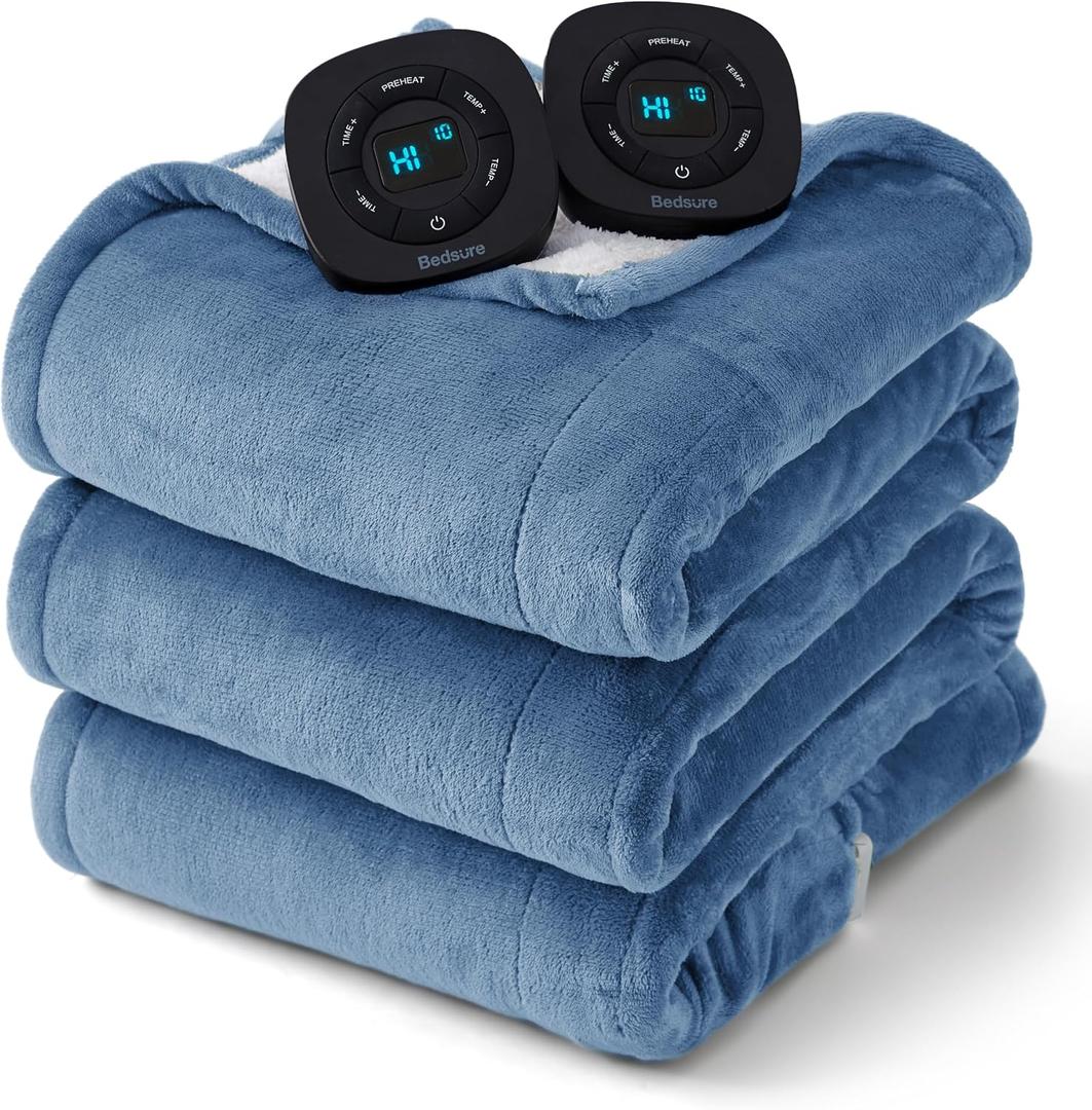 Bedsure Electric Blanket Queen Size - Dual Control Heated Blanket Queen, Fast Heating with 10 Time Settings & 10 Heat Settings, Warm Gift for Grandma (84x90 inches, Blue)