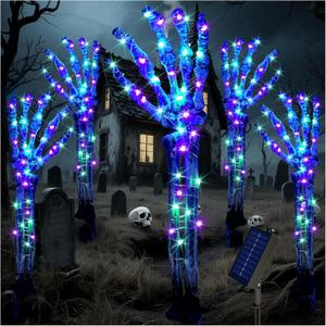 Solar Halloween Pathway Lights - 5 Pack of 150 LED Light up Skeleton Hands for Halloween Decorations, Solar Lights Outdoor with 8 Lighting Modes Skeleton Arms for Walkway Yard Decor(Purple/Green)