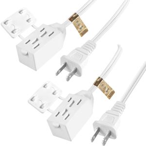 3-Outlet Extension Cord with Multiple Outlets, UL Listed SPT-2 16 AWG 2 Prong Extension Cord with Safety Cap Covers, NEMA 1-15P to NEMA 1-15R, 13 Amp, 1625 Watts, 2-Pack White (6FT)