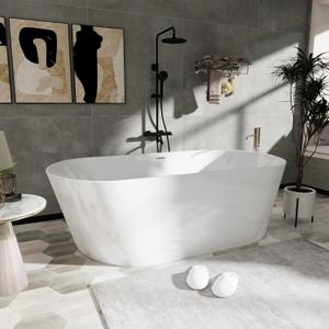 59"Acrylic Freestanding Bathtub, Bath Tub for Bedroom Glossy White, Stand Alone Soaking Tub, Modern Bathtubs with Brushed Nickel Overflow and Drain, cUPC Certified