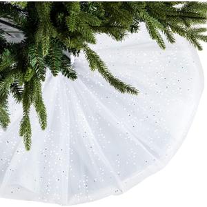 Skylety 48 Inch Christmas Tree Skirt Ruffle Tulle Sequin Round Glitter Double Layers Xmas Tree Skirt for Christmas Holiday New Year Wedding Anniversary Birthday Party Indoor Decoration (White)