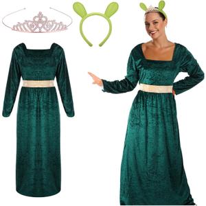 Mepase 3 Pcs Halloween Green Princess Costume for Women Green Dress Ogre Ears Headband and Crown for Monsters Princess Cosplay Halloween Party Dress up Accessories