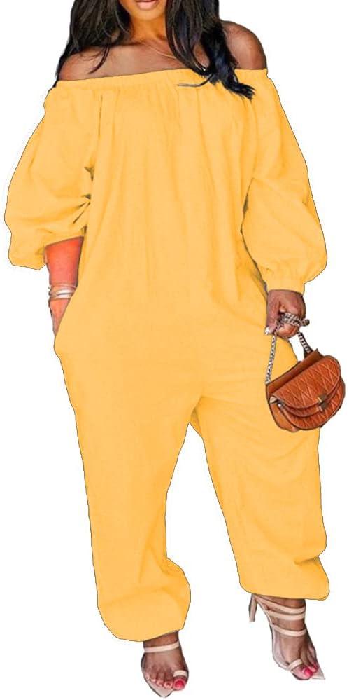 MESLIMA Women's Loose Fit Elastic Off Shoulder Beam Foot Long Sleeve Jumpsuit Rompers with Pockets, XL