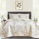 Quilt Set Queen Size Cream White with Black Branch Bedding Set 88x88 Soft Microfiber Lightweight Coverlet Bedspread Summer 3 Pc Bed Cover for (1 Quilt+ 2 Shams)