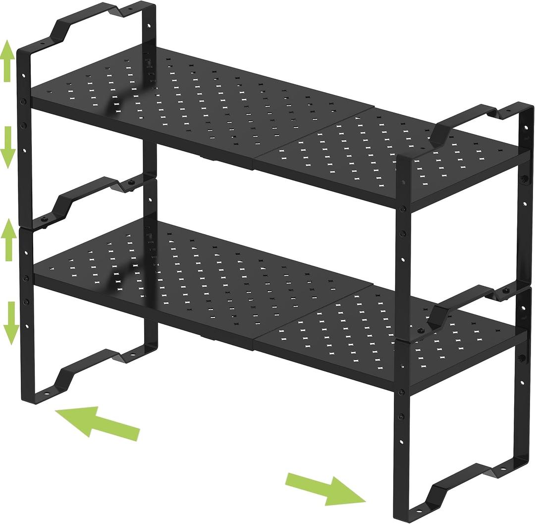 Expandable Shelf for Cabinet Organizer Adjustable Stackable Spice Rack at Kitchen and Bathroom More,Metal Plate with Hole (2 Packs/Black, Large) (LARGE: 10.1"D x 16.5"~27.1W x 10.6"H)