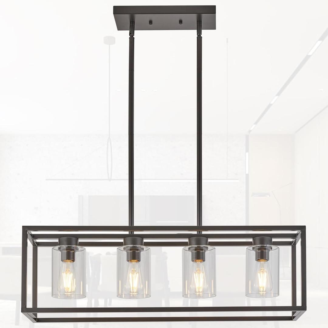 XILICON Oil Rubbed Bronze Dining Room Chandeliers Lighting Fixture Linear Pendant Modern 4-Light with Glass Shades Vintage Farmhouse Ceiling Light Hanging for Kitchen Island Cafe Bar