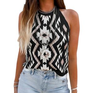 MARZXIN Women Sleeveless Sweater Tank Round Neck Casual Aztec Geometric Knit Sweater Top (Small, A-laurel Black Folk)