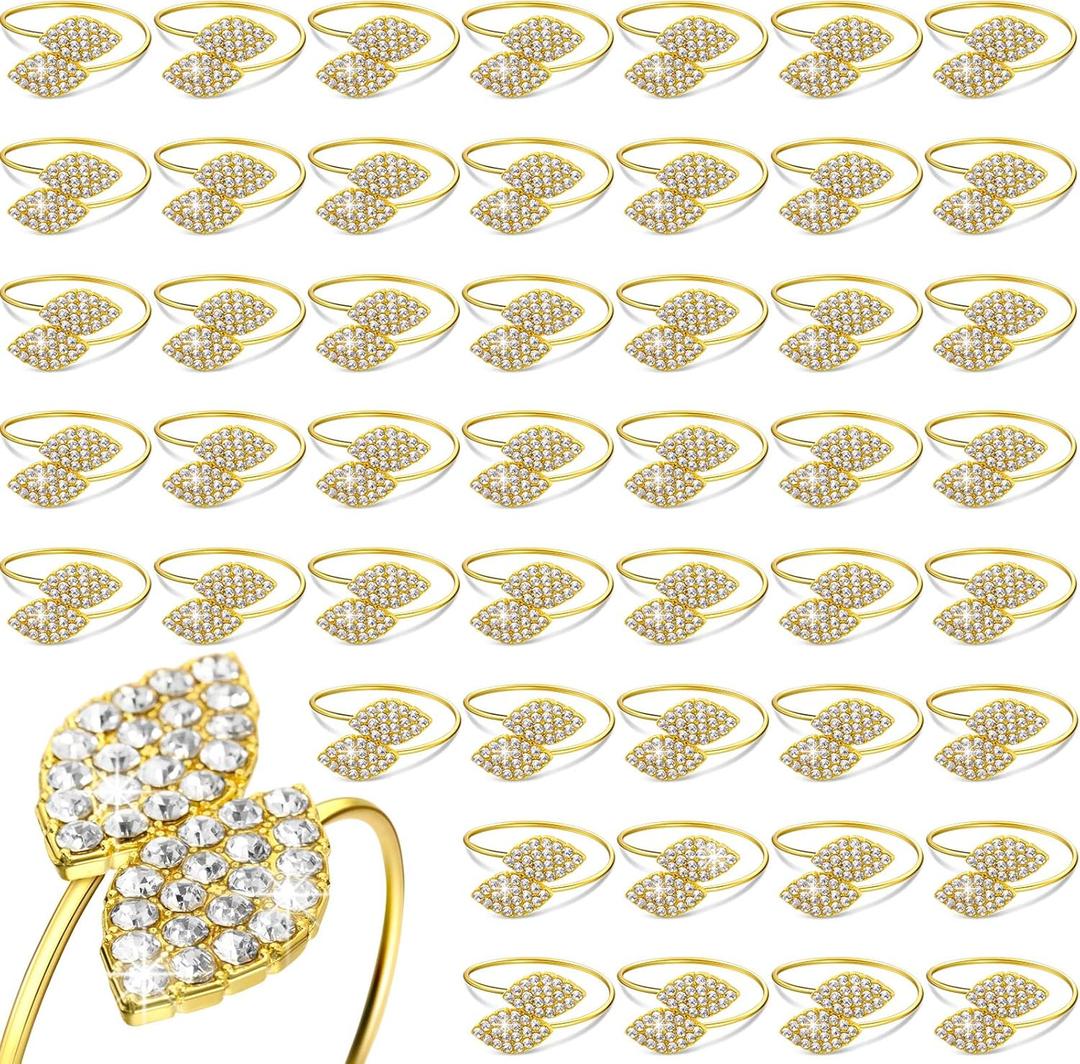 Hotop 24 Pcs Gold Napkin Rings Set Bling Napkin Rings Metal Leaves Rhinestone Guest Towels Buckle for Wedding Party Gathering Dinner Table Banquet Decoration