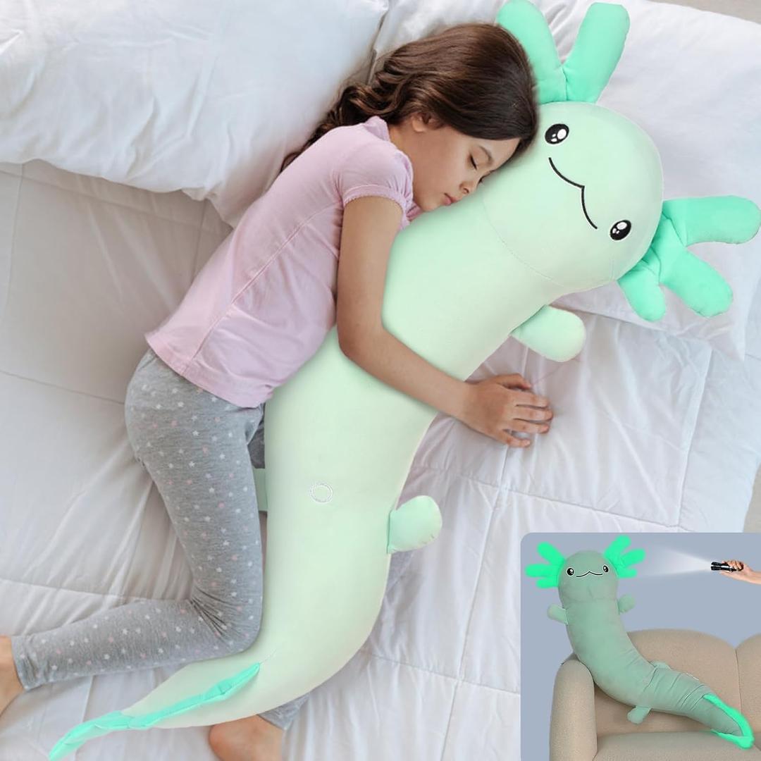 MaoGoLan Giant Axolotl Plush Stuffed Animal,Big Axolotl Plush Pillow Toy for Kids Girl Boy,Jumbo Stuffed Salamander Body Pillow Toy Glow in The Dark, Holiday Birthday Party Decor Green