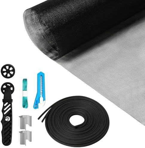 Window Screen Repair Kit, 48"x118" Screen Door Mesh Replacement Kit, Durable Fiberglass Black Window Screen kit with Tools, Rolling, Hook, Spline, Clips for Windows Doors Patio and Porch