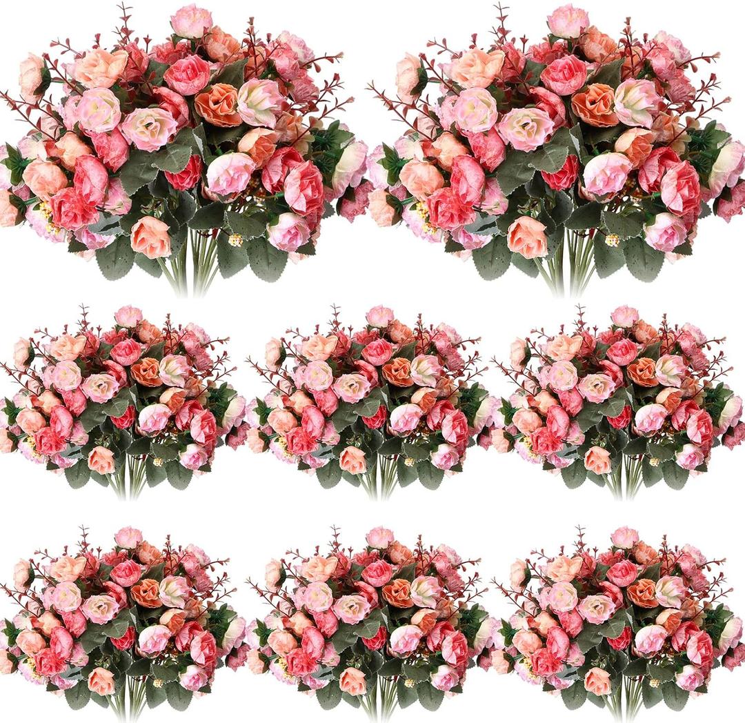 Geosar 8 Pcs Rose Artificial Flowers Fake Flowers Bouquet 21 Heads Silk Faux Floral Bundles with Stem for Home Bridal Wedding Arrangements Table Centerpieces Party Decor (Pink)