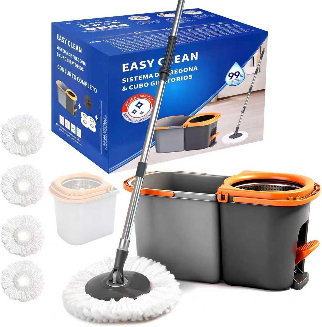 Spin Mop and Set, Detachable Double Buckets Separate Dirty Water with Stainless Steel Wringer for Floor Cleaning, Cleaning Buckets with 4 Mop Head Replacements for Household Use
