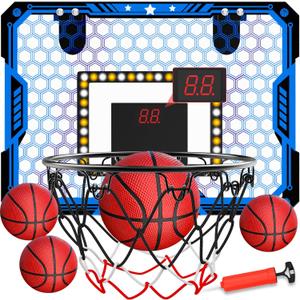 Indoor Basketball Hoop for Kids, Over The Door Mini Basketball Hoop Set with LED Lights, Scoreboard, 4 Balls & Sound Effects - Indoor Toys Gift for Boys & Girls Ages 3-12 for Birthday & Christmas (Blue)