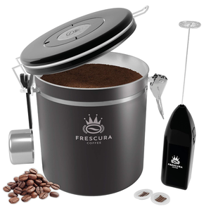 Coffee Canister - Coffee Canisters with Airtight Lids - Coffee Storage Container with CO2 Valve & Date Tracker - Coffee Bean Storage with Hook for Bean Scoop & Frother - Ground Coffee Holder 