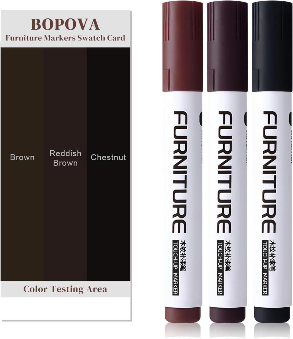 BOPOVA Furniture Markers Touch Up, Scratch Repair Kit, 3 Color Wood Markers for Scratches, Stains, Floors, Tables, Desks, Cabinets, Bedposts (Brown, Reddish Brown, Chestnut)