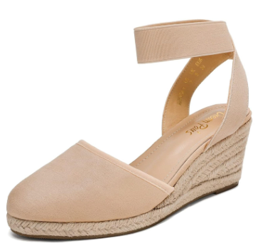 DREAM PAIRS Women's Elastic Ankle Strap Espadrilles Wedge Sandals (5.5, Nude)