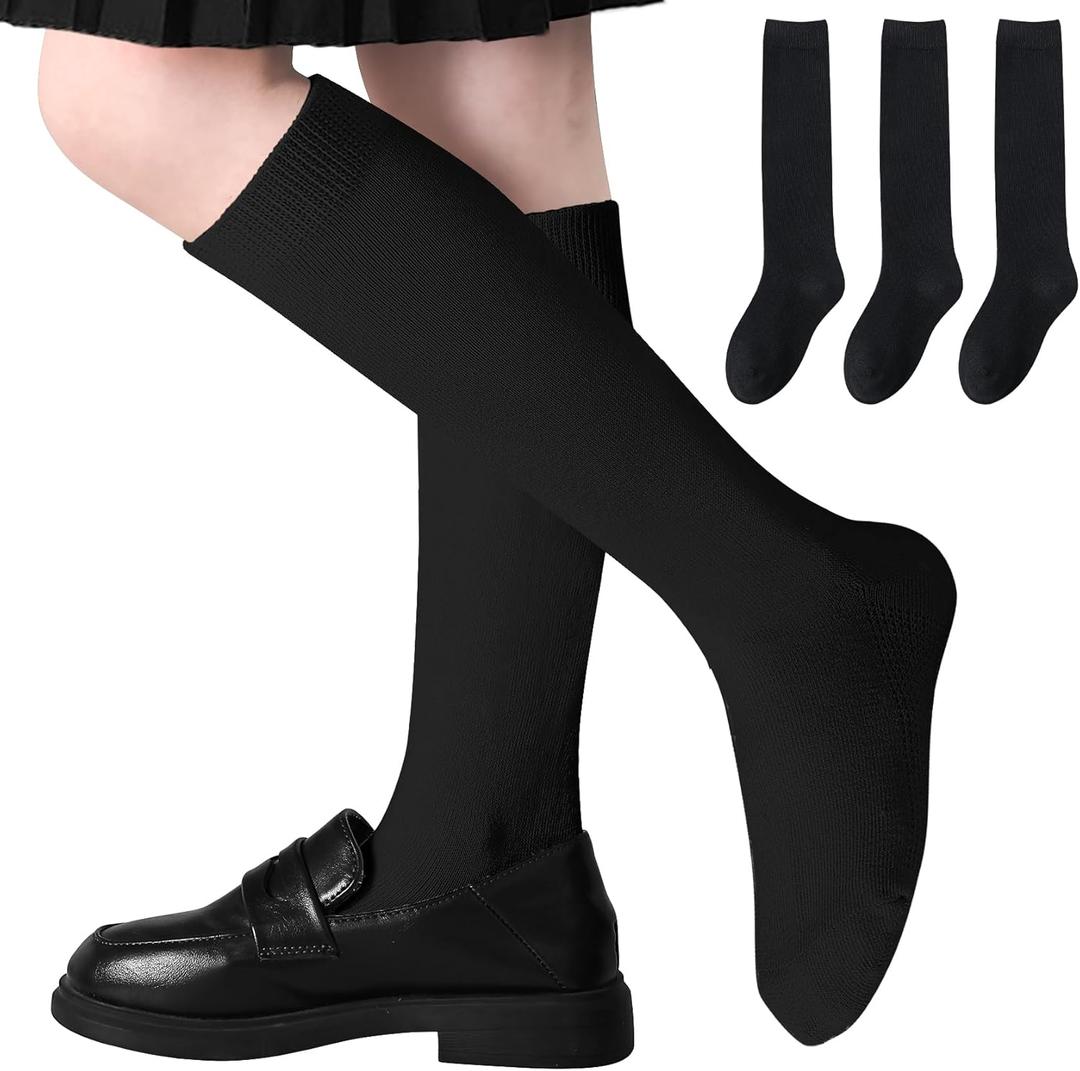 Girls Knee High Socks Seamless Boys School Uniform Socks Kids Knee High Stockings Long Tube Sock 3 Pairs (Black)