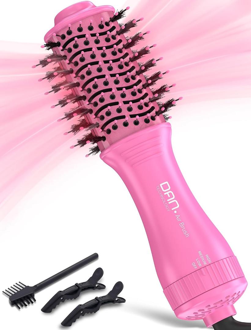 Mini Travel Ceramic Blow Dryer Brush for Short to Medium Hair, 2 Inch Oval Styling Hot Air Brush with 3 Heat Settings, Lightweight Volumizing & Smoothing Tool, 120V, Pink