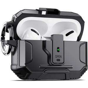 DASFOND Armor Earphone Cover Case for Airpods Pro 2, Military Grade Full Body Shockproof Protection Hard Case, Support Wireless Charging with Keychain, Magnetic Lid, Front LED Visible, Black