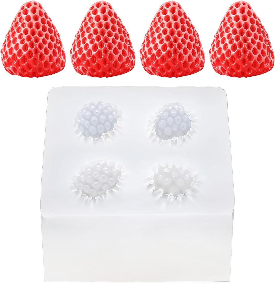 3D Strawberry Silicone Mold, 4 Cavity Strawberry Fondant Chocolate Molds Fruit Theme Baking Tools for Birthday Cake Decoration Cupcake Handmade Soap Ice Cream Candy Clay DIY Crafts