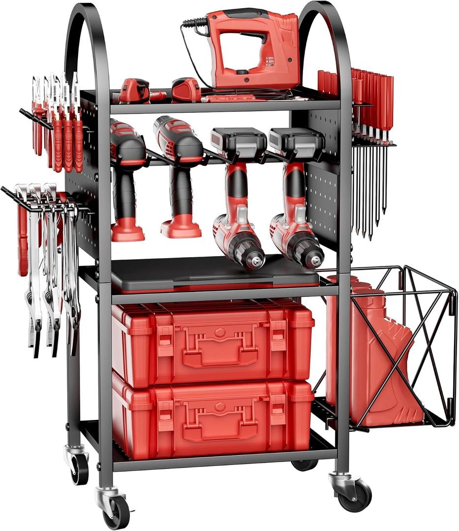 Power Tool Organizer with Wheels 4 Tier Tool Cart Loads 500 LBS with 8 Cordless Drill Holder & Screwdriver Rack Metal Utility Rack for Home, Garage, Workshop, Gifts for Men, Regular with Basket