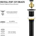 8 x Pop up Sink Drain Stopper for Bathroom Vessel Vanity Sink Art Basin Matte Black, Big Cap Without Overflow, Metal Pop-up Drain Strainer with Detachable Basket Stopper