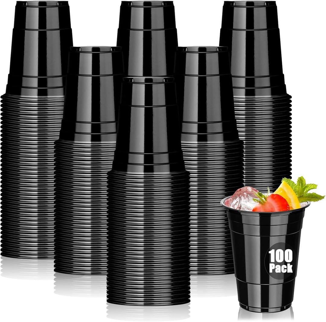 Dualshine 100 Pack Black Plastic Cups 16 oz, Disposable Cups for Party, Heavy Duty Drinking Cups, Graduation Shot Cup for Wedding Birthday Beer Taste Serving SnackSample Tastings Barbecues Picnic