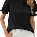 PRETTYGARDEN Womens Embroidered Puff Short Sleeve Tops 2026 Summer Spring Dressy Casual Blouses Boho Button Down Shirts Black, Large