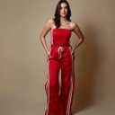 Women's 2 Piece Summer Outfits Strapless Striped Crop Top & High Waist Wide Leg Pants Set Casual Outfit (Red, XS)