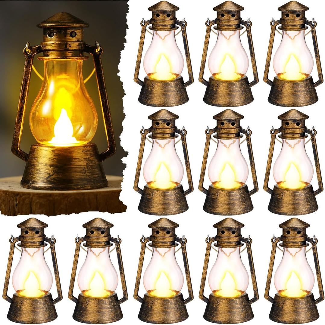 Ferraycle 12 Pcs Mini Lantern for Centerpiece Western Wedding Decor 4 Inch Camping Decorative with LED Candle Vintage Hanging Lantern Ornaments Bulk for Cowboy Cowgirl Xmas Party Decoration (Bronze)