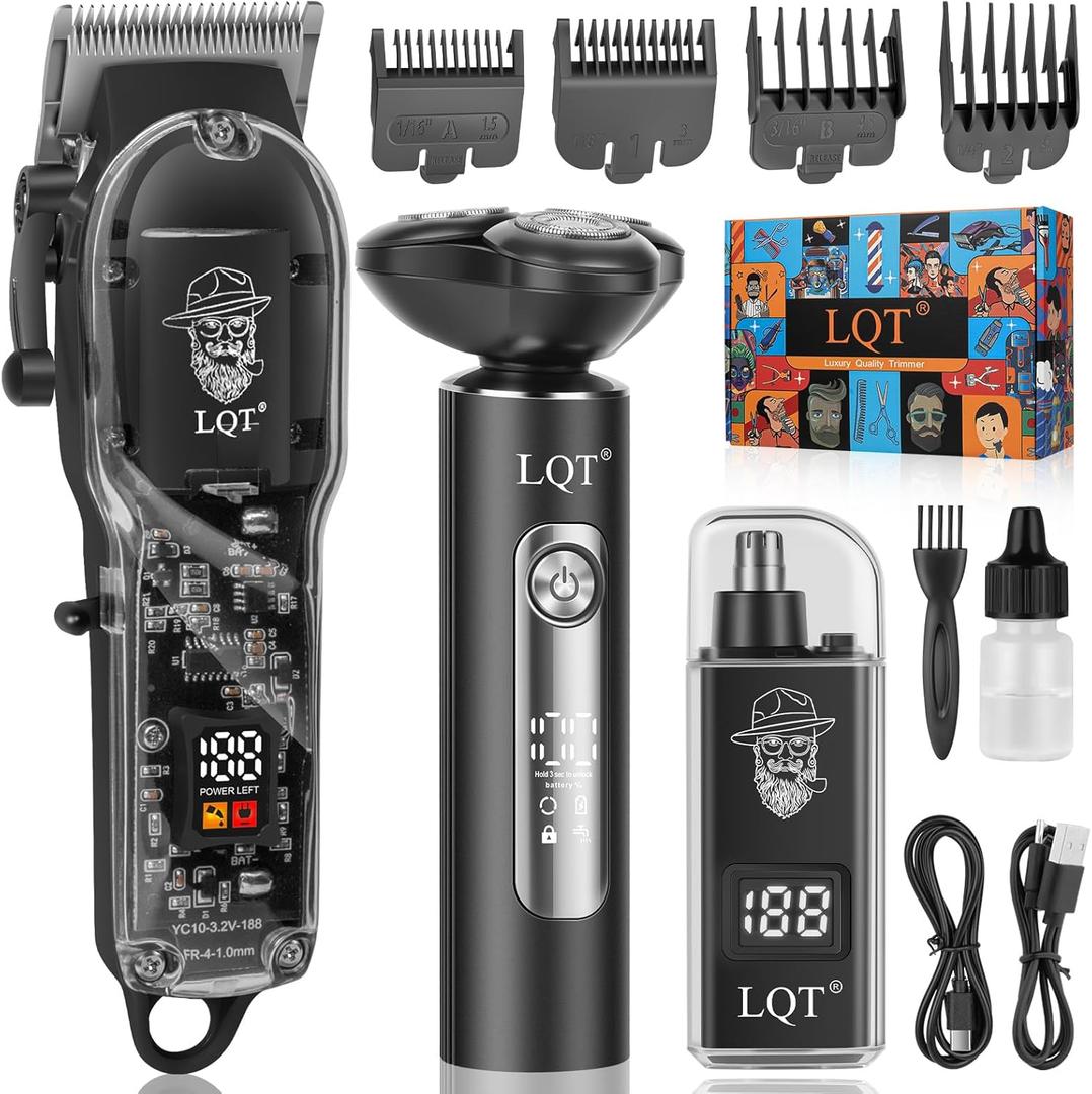 Hair Clippers for Men with LED Display, 3-Piece Professional Grooming Kit with Magnetic Attachment Shaver & Nose Trimmer, Complete Cordless Rechargeable Barber Set for Home