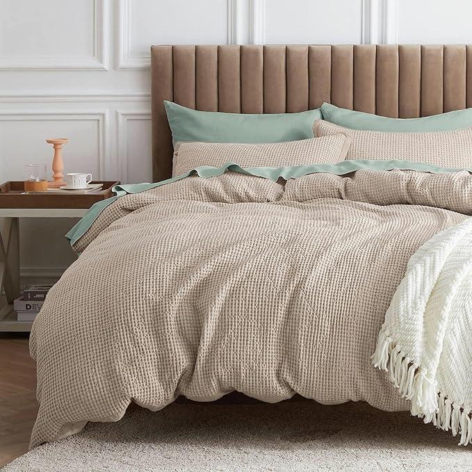 Bedsure Waffle Comforter Set Queen, Khaki Soft Cotton Bedding, Waffle Weave Bed Set, 3 Pieces, 1 Comforter (90"x90") and 2 Pillow Shams, Premium Cotton Cover with Polyester Fill for All Seasons