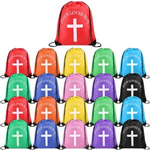 SilTriangle Jesus Loves You Drawstring Backpack Bulk Easter Church Gifts Christian Religious Gift Bag Polyester Backpack (Multicolor, 20 Pcs)