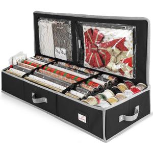 Hearth & Harbor Wrapping Paper Storage Container - Christmas Storage Bag with Interior Pockets - Gift Wrapping Organizer Storage Fits Up to 22 Rolls of 40" - Tear Proof Wrapping Paper Organizer (Medium, Black)