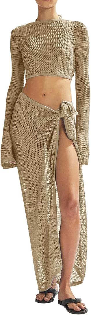 Women's Swimsuits Cover Ups Set for Crochet Bathing Suit Hollow Out 2 Piece Bikini Coverup Beach Swimwear (Medium, Khaki-1)
