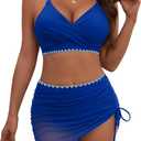 Women's Bikini Sets V Neck High Waisted Swimsuits Twist Front Shell Stitched Two Piece Swimsuit (Blue, M)